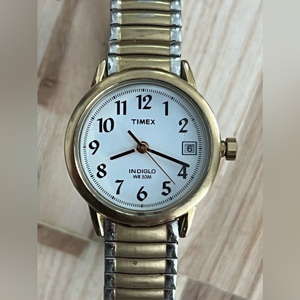Timex Ladies Watch Vintage Two Tone Stretch Bracelet Round White Dial